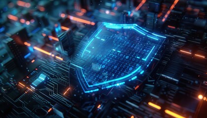 Obraz premium A digital, glowing shield surrounded by abstract circuitry, representing cybersecurity.