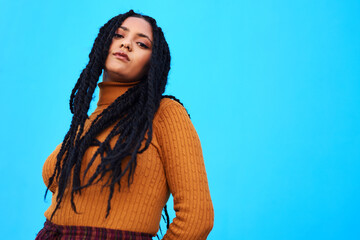 Studio, portrait and girl with casual outfit for fashion, autumn style or edgy with confidence....