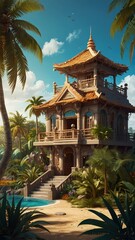 Fototapeta premium 3D Cartoon Paradise Dreamland Resort Nature Landscape