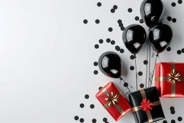 Gift boxes with black balloons backdrop