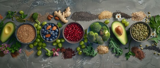 Assortment of Fresh and Dried Healthy Foods on a Gray Surface