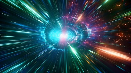 abstract futuristic background portal tunnel with pink blue and green glowing neon moving high speed wave lines and flare light