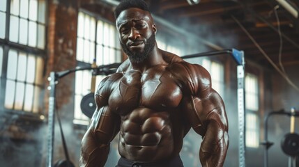 A muscular bodybuilder poses in a gym, with smoke and a blurry background. He is shirtless, showing off his defined physique.