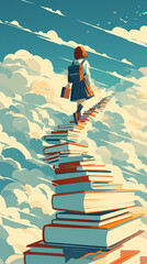 A student walks up a staircase paved with books to change the concept of destiny illustration
