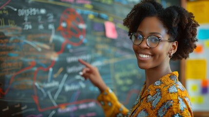 A teacher points to a chalkboard covered in notes and diagrams