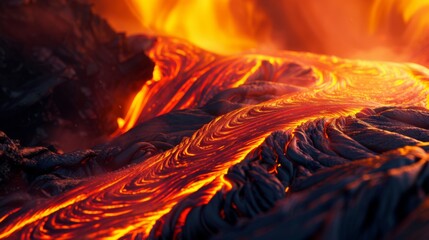 A close-up of molten lava flowing down the side of an erupting volcano, with intense heat waves visible.