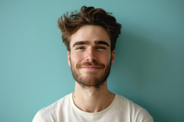 A close up portrait of a young man with a subtle smile