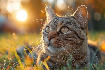 Beautiful tabby cat laying in grass during sunset, with golden light highlighting its fur. A perfect snapshot of feline serenity and nature.