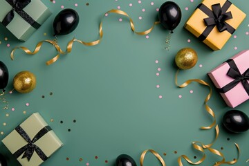 Fototapeta premium Colorful gifts and decorations on green