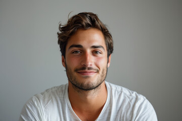 A close up portrait of a young man with a subtle smile