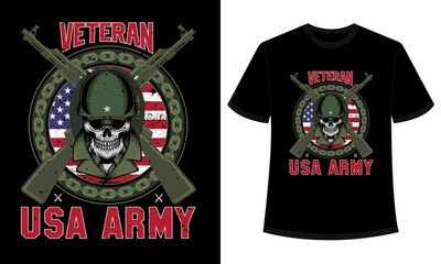 Veteran USA Army T-Shirt Designs, Soldier fortune set monochrome flyers vintage with XX century weapons and skulls of US veterans peacekeeping military operations vector illustration