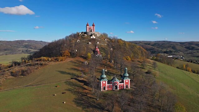 Flying around of The Calvary of Banska Stiavnica, Slovakia, a complex of churches and chapels on Scharfenberg Hill.