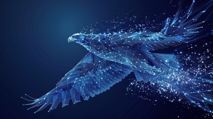 A blue bird with a white head flying through a starry sky