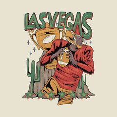 Hand drawn rugby player illustration with desert background and Las Vegas text for t shirt design