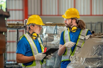 Two factory workers wearing hard hats and safety vests are discussing something while looking at a stack of metal pipes.