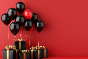 Black and red balloons with gift boxes and bows