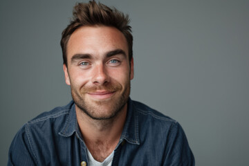 A close up portrait of a young man with a subtle smile