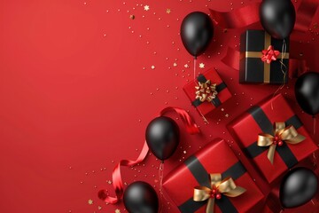 Elegant red and black gift setup with golden stars