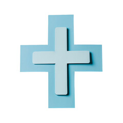 Fototapeta premium Abstract blue and white 3D cross symbol on a transparent background, representing medical and healthcare concepts in modern design.