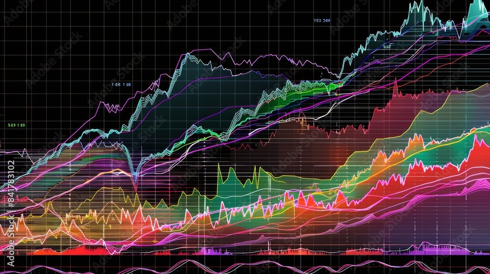 Leinwandbilder A colorful line graph displayed on a computer screen, with sharp increases and decreases representing trends.