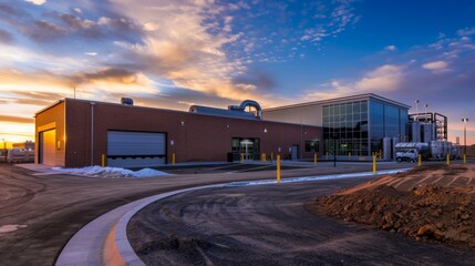 Obraz premium A modern public waste management facility, showcasing advanced technology and clean design in a setting of a well-maintained public service site, emphasizing public utility efficiency. 