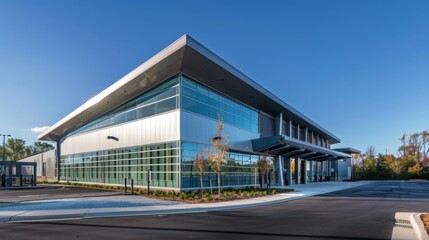 Fototapeta premium A modern public waste management facility, showcasing advanced technology and clean design in a setting of a well-maintained public service site, emphasizing public utility efficiency. 