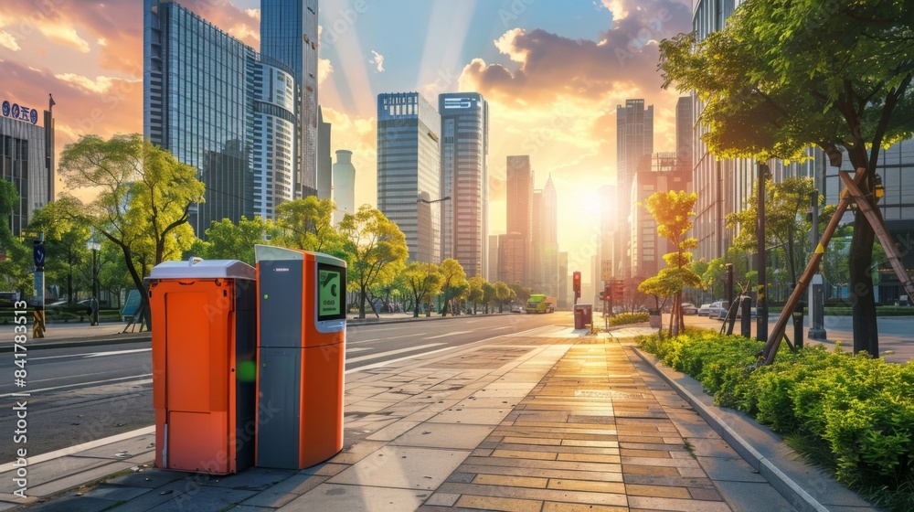 Wall mural a city implementing iot-enabled waste bins, showcasing advanced sensor technology in a setting of a  - Wall murals