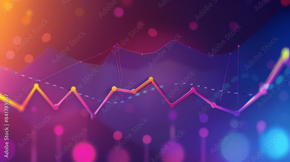Poster a colorful line graph on a computer screen, showing business trends with sharp increases and decreas