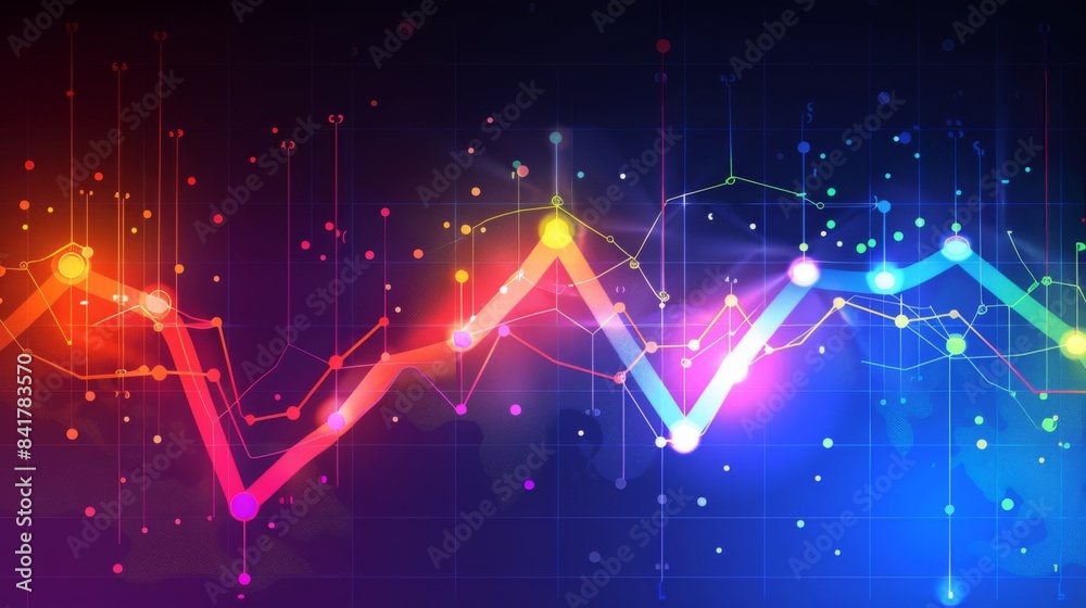 Poster a colorful line graph on a computer screen, showing business trends with sharp increases and decreas