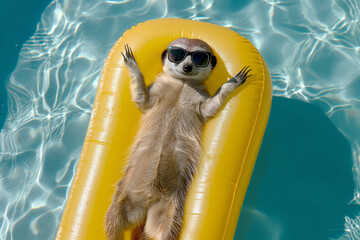 Top view of a meerkat wearing sunglasses lying on a yellow air mattress while swimming in a pool, comic photography.