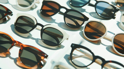 A close-up view of trendy sunglasses arranged on a white surface, featuring both modern and classic designs emphasizing fashion and style.