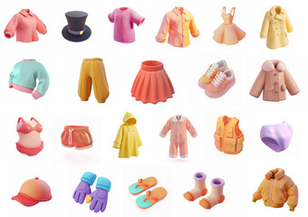 Set of 3D icons with with different clothes
 on a white background
