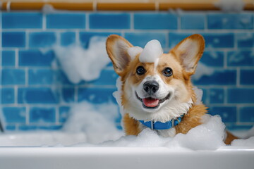 Funny portrait of a corgi dog showering with shampoo. Dog taking a bubble bath in home