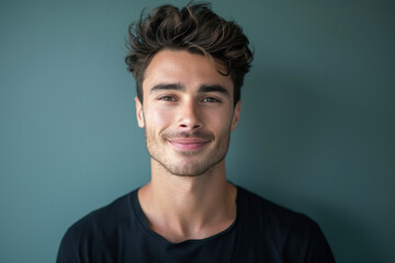 A close up portrait of a young man with a subtle smile