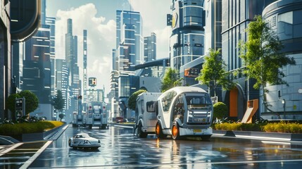 Obraz premium A futuristic cityscape with smart waste bins and autonomous collection vehicles, set in a clean, vibrant urban environment, emphasizing innovation and smart city concepts. -