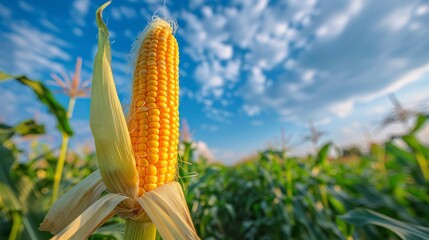 Cornfield with ripe yellow ear of corn against blue sky backdrop