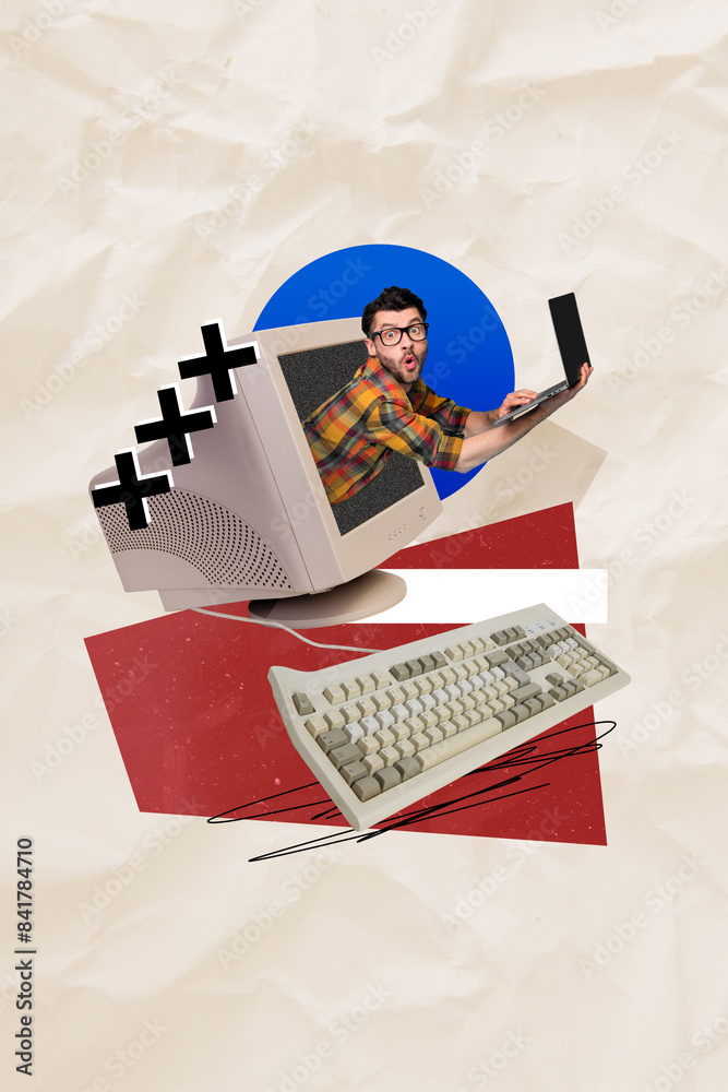 Poster vertical composite collage image picture of impressed mini guy laptop inside pc screen isolated on c