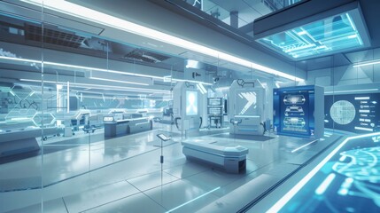 A futuristic recycling plant with holographic displays and advanced sorting technology, set in a clean, high-tech industrial space, highlighting innovation and efficiency. 