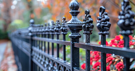 Metal garden products, intricate wrought iron fence, perfect for enhancing outdoor spaces, close-up. Selective focus.