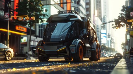 Fototapeta premium A futuristic waste collection vehicle with robotic arms, showcasing sleek industrial design in a bustling urban street, emphasizing efficiency and innovation. 