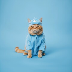 Red cat in doctor's outfit on blue background with copy space. For banner, flyer, postcard, calendar, advertisement of a veterinary clinic and pet store