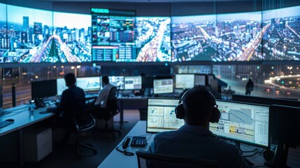 A high-tech control room monitoring waste management operations across a city, featuring large screens and advanced analytics tools, emphasizing data-driven efficiency. 