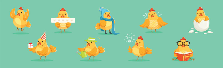 Funny Chicken Bird Engaged in Different Activity Vector Set
