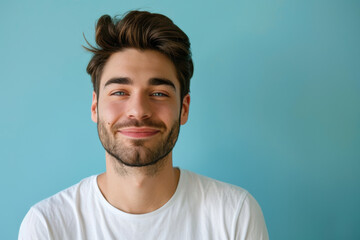 A close up portrait of a young man with a subtle smile