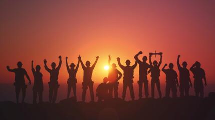 Fototapeta premium Silhouetted workers celebrate atop a hill against the dramatic backdrop of a vibrant sunset, embodying victory and camaraderie.