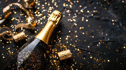 Elegant champagne bottle with golden glitter