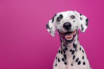 A funny dalmatian dog on a pink background with space to copy. For a banner, postcard, calendar, advertisement of a veterinary clinic, pet store