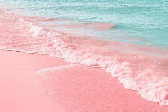Photo of a pink beach, pink sand and blue waves, an advertising banner on a beach theme, minimalism
