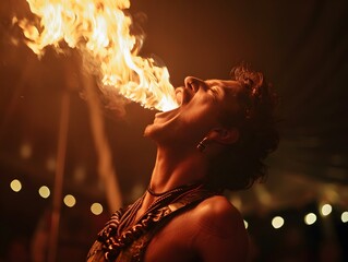 A fire performer breathes out a spectacular flame, creating a dramatic scene in a dark, atmospheric setting with glowing lights in the background.