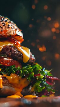 layered sliced tasty juicy double cheese burger with fresh lettuce, tomatoes, onions, pickles and melted cheese stacked high, gourmet fast food, restaurant menus, food